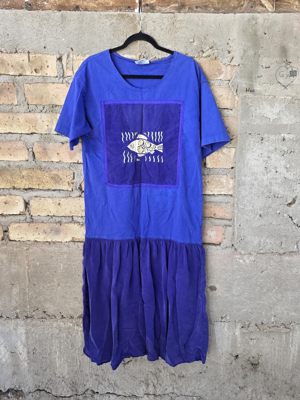 Vintage 90s Johnny Was Mixed Media Maxi Dress Embroidered Fish Boho L
